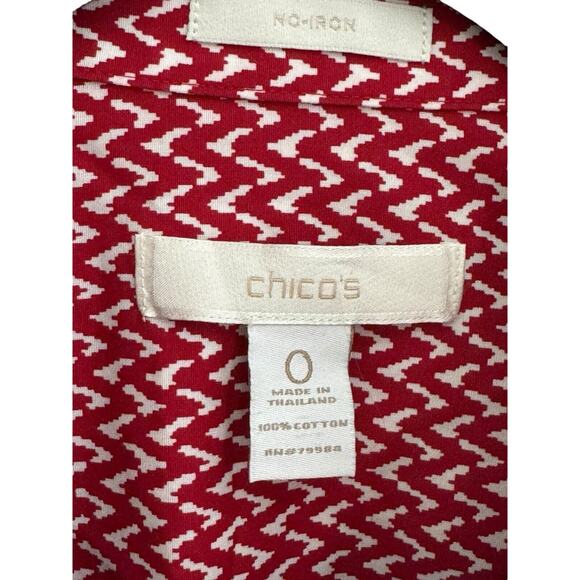 Chicos Womens Top 0 Small Red Chevron 100% Cotton No Iron Collar Shirt #3231 - Picture 4 of 12